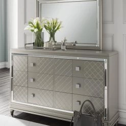Signature Design By Ashley® Chevanna - Platinum - 5 Pc. - Dresser, Mirror, King Upholstered Panel Bed