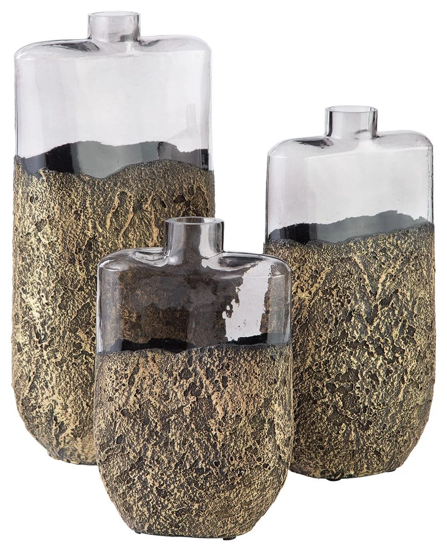 Ashley Furniture Clement - Antique Gold Finish - Vase Set (3/cn) Table Decor 3 Ashley Furniture Clement - Antique Gold Finish - Vase Set (3/cn) Table Decor