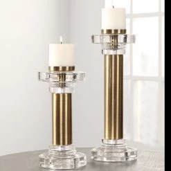 Uttermost Leslie Brushed Brass Candleholders, S/2 Table Decor