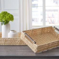 Ashley Furniture Halima - Tan - Tray Set (2/cn) - Palm Leaf Table Decor