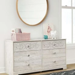 Ashley Furniture Paxberry - Opaque Whitewash - Six Drawer Dresser - Medallion Drawer Pulls