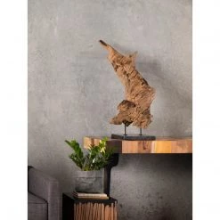 Moe's Home Collection Natural Teak Wood Sculpture On Black Marble Stand Medium Table Decor