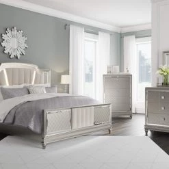 Signature Design By Ashley® Chevanna - Platinum - 7 Pc. - Dresser, Mirror, King Upholstered Panel Bed, 2 Nightstands Bedroom Sets