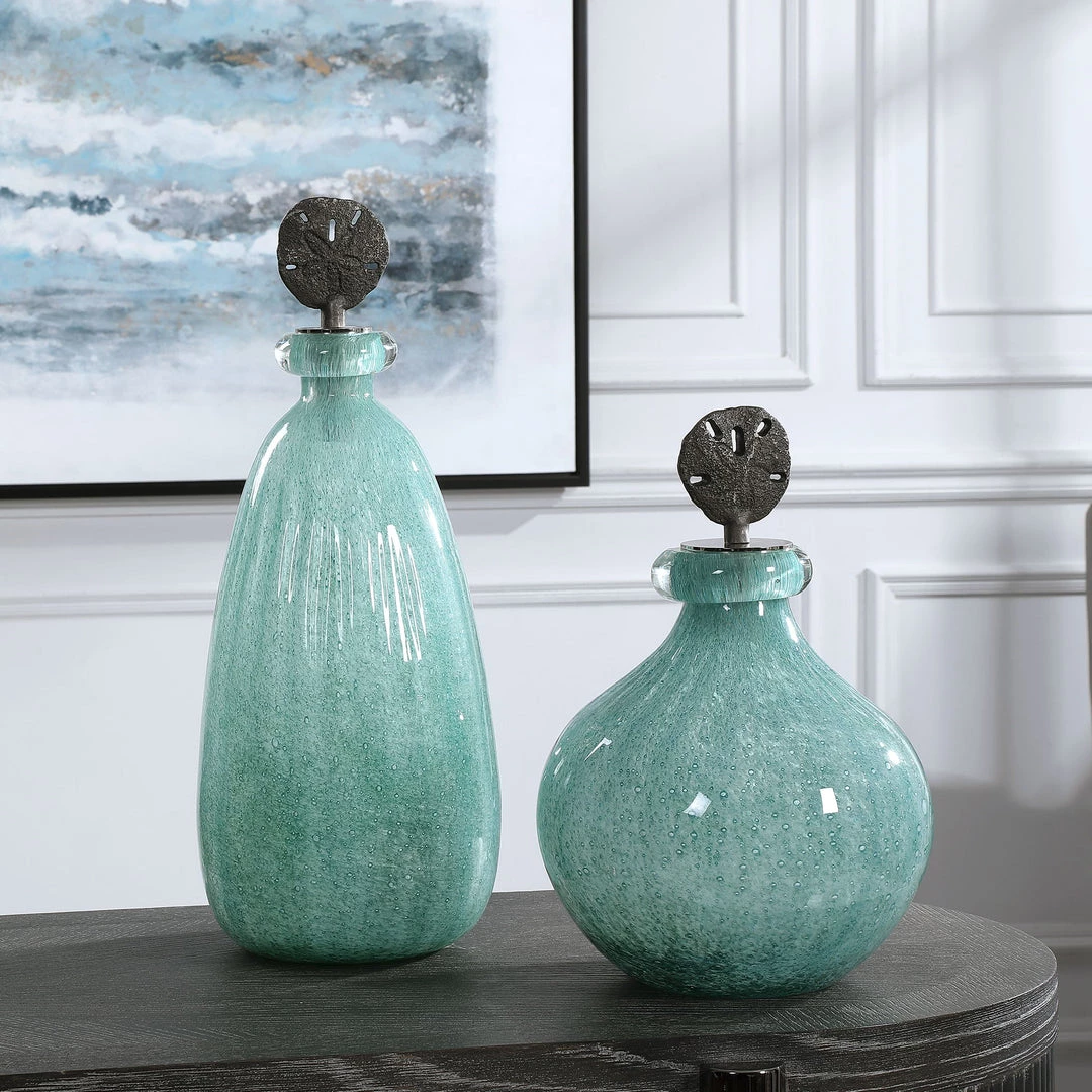 Table Decor Uttermost Mellita Aqua Glass Bottles, S/2 4 Table Decor Uttermost Mellita Aqua Glass Bottles, S/2