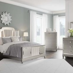 Signature Design By Ashley® Chevanna - Platinum - 5 Pc. - Dresser, Mirror, Queen Upholstered Panel Bed