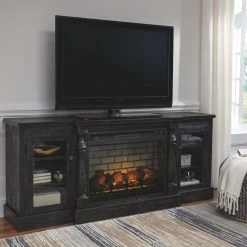 Signature Design By Ashley® Mallacar - Black - 2 Pc. - 75" Tv Stand With Electric Infrared Fireplace Insert Fireplaces