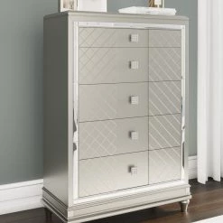 Signature Design By Ashley® Bedroom Sets Chevanna - Platinum - 6 Pc. - Dresser, Mirror, Chest, Queen Upholstered Panel Bed