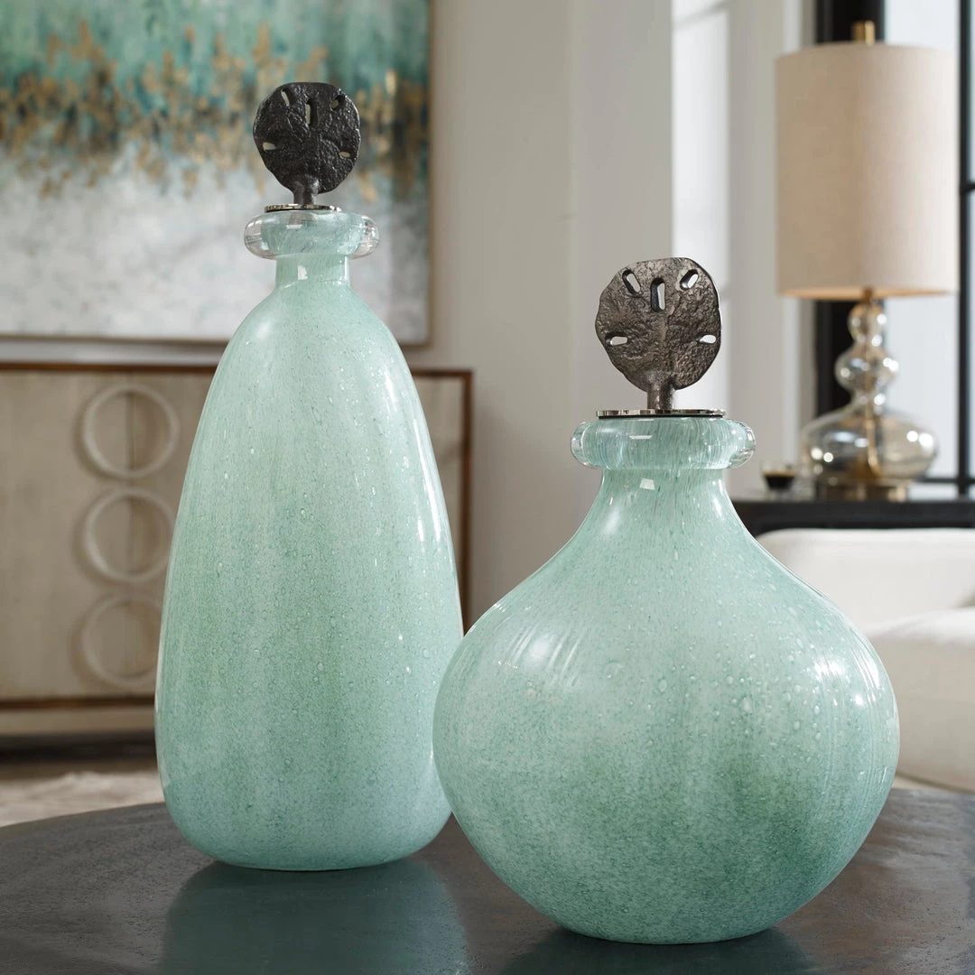 Table Decor Uttermost Mellita Aqua Glass Bottles, S/2 6 Table Decor Uttermost Mellita Aqua Glass Bottles, S/2